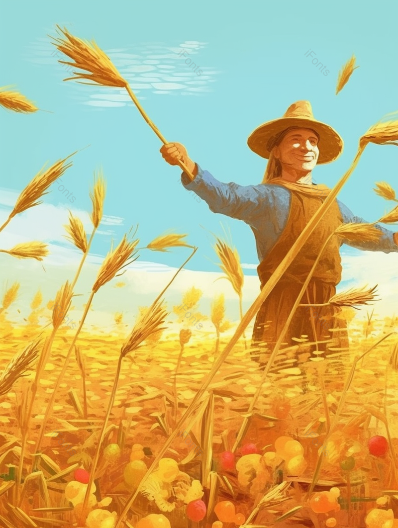 矗立在金色麦田麦穗里的稻草人插画,插画/手绘图,插画/手绘图库,插画/手绘图下载,插画/手绘